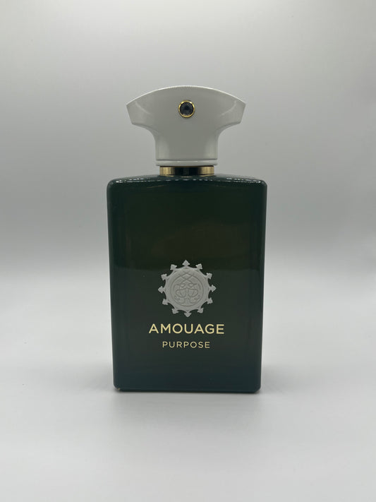 Amouage Purpose decant – smoky woody fragrance with frankincense, pink pepper, sandalwood, saffron, and suede.
