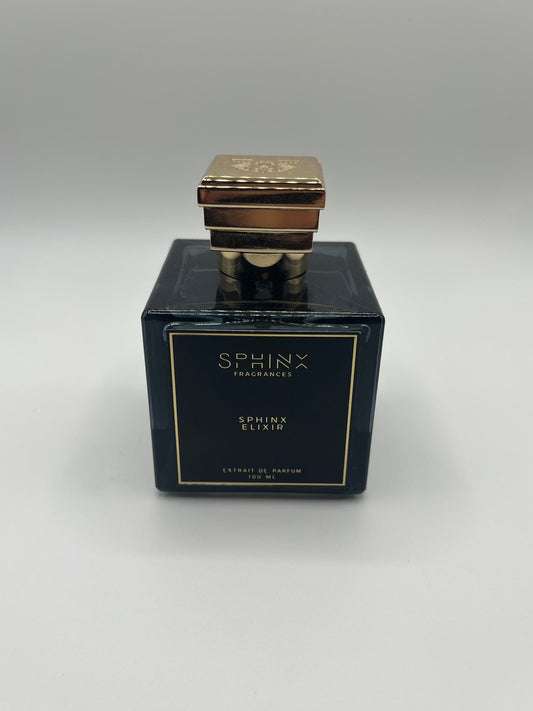Sphinx Elixir decant – bold amber woody fragrance with bergamot, pink pepper, oud, amber, leather, and ambergris.

