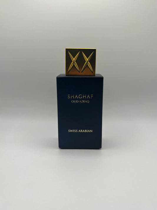 Shaghaf Oud Azraq decant – sweet and spicy oud perfume with honey, cinnamon, vanilla, leather, and patchouli.

